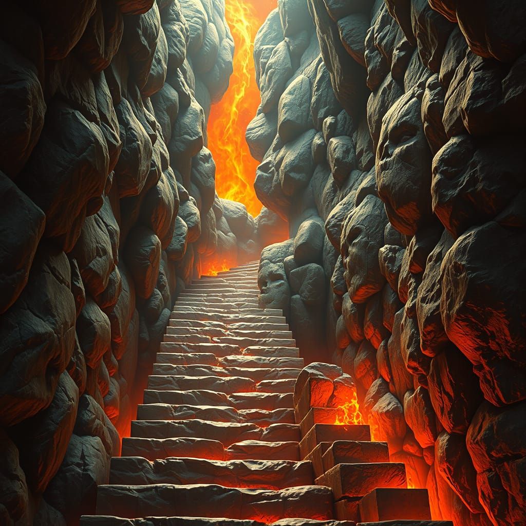 Stone Staircase Descending into Fiery Underworld