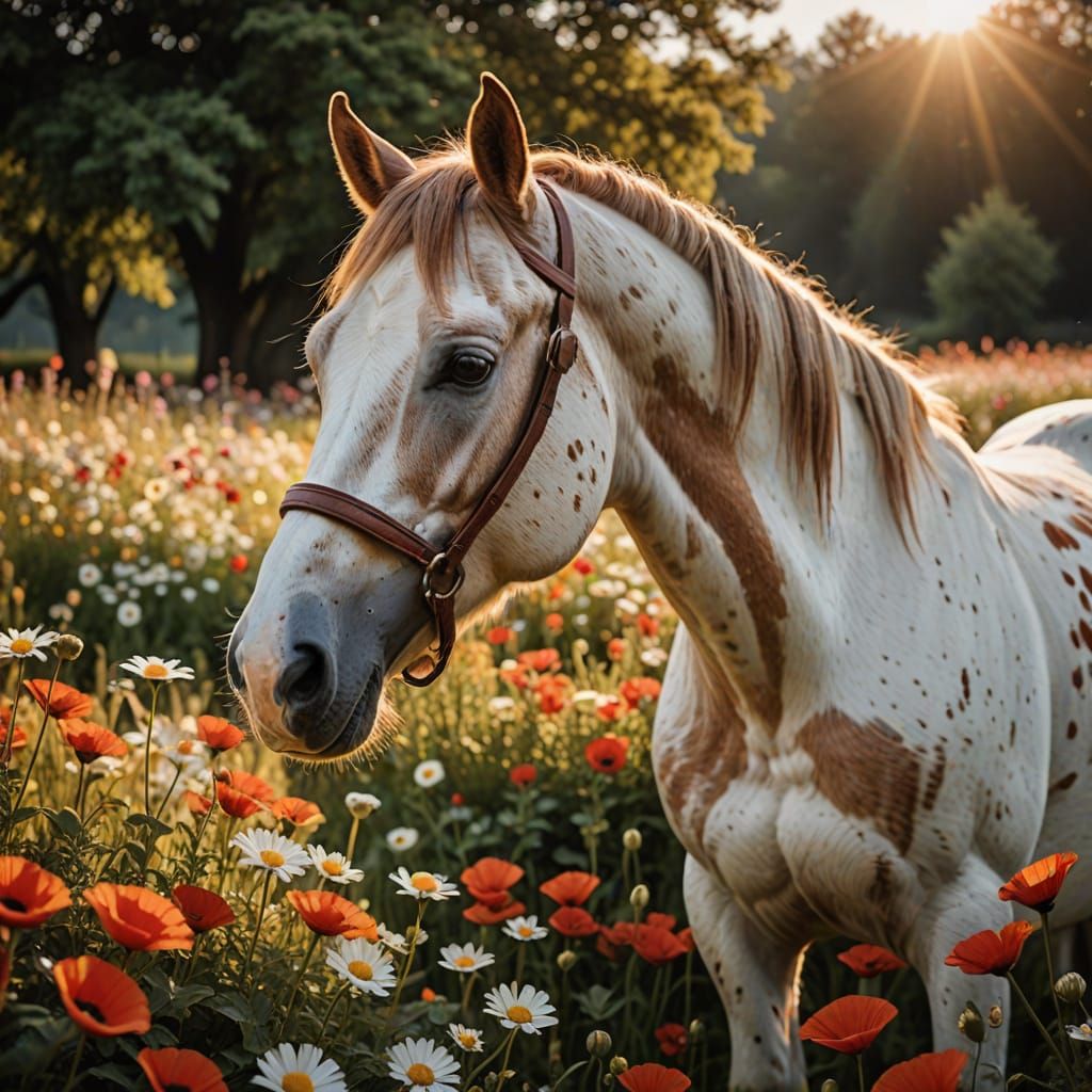 Paint Horse Portrait in Field of Flowers