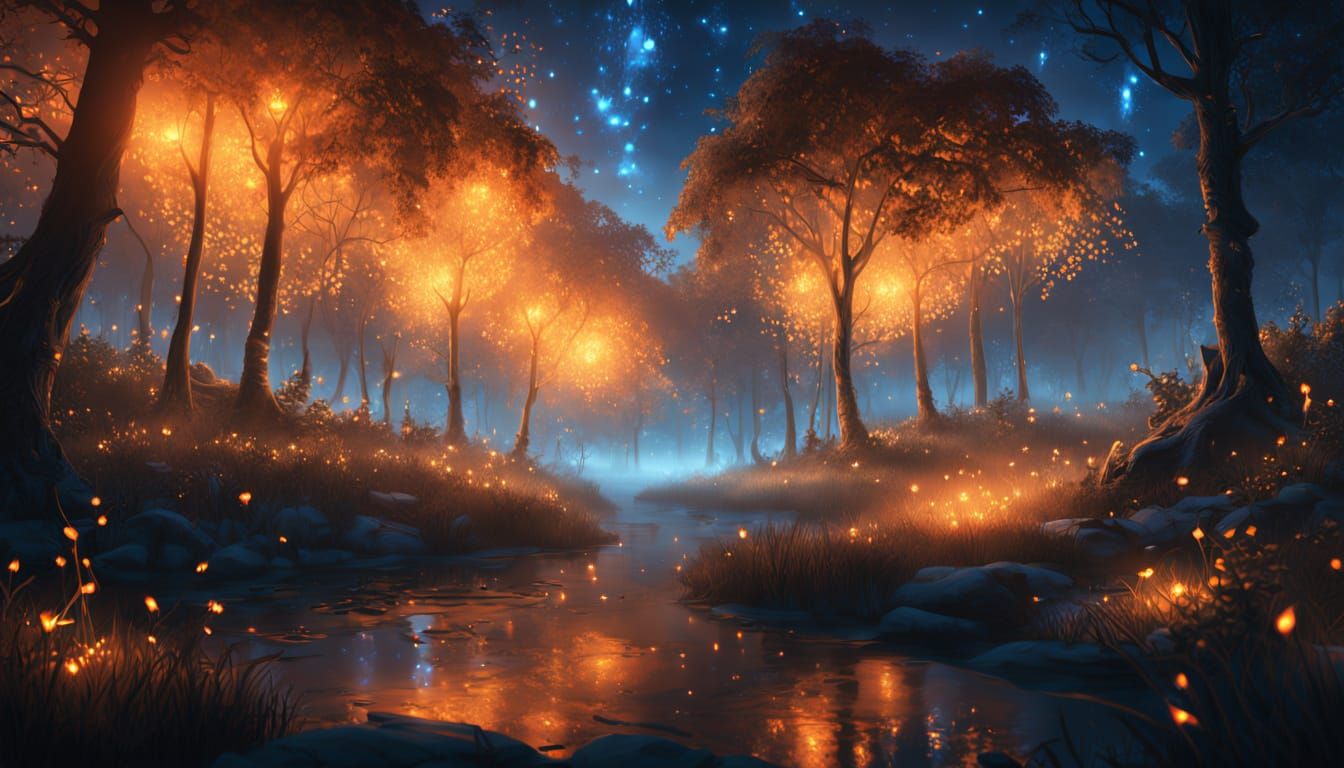 Surreal Sunset Enchanted Forest Scene in Vibrant Orange and ...