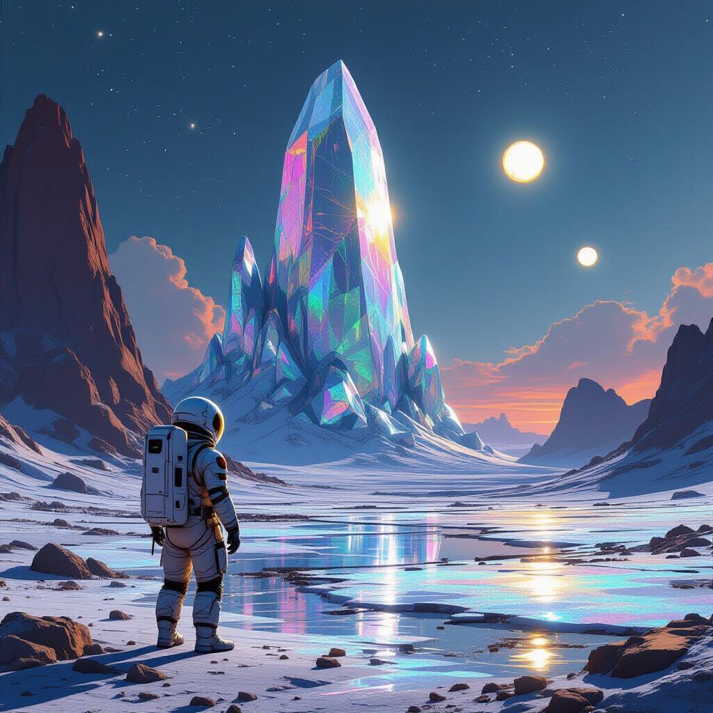 Astronaut on Alien Planet Gazing at Crystal Formation