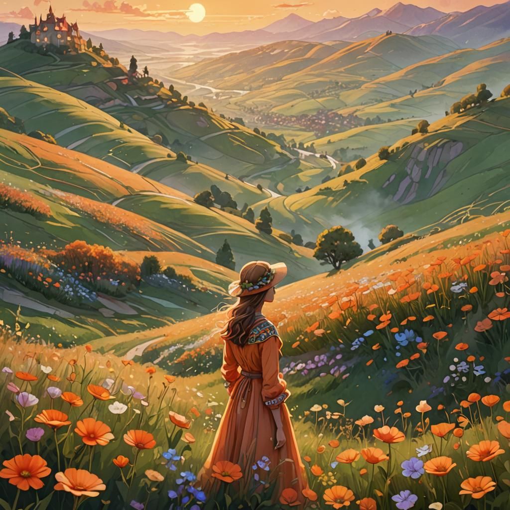 Whimsical Fantasy Landscape with Flowers in Watercolor Style