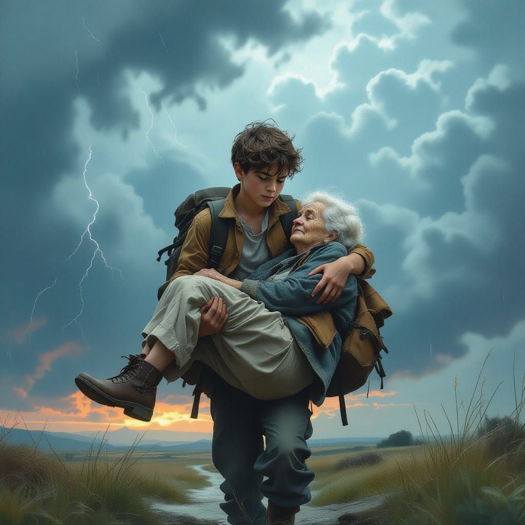 Boy Carries Woman Through Tempestuous Landscape