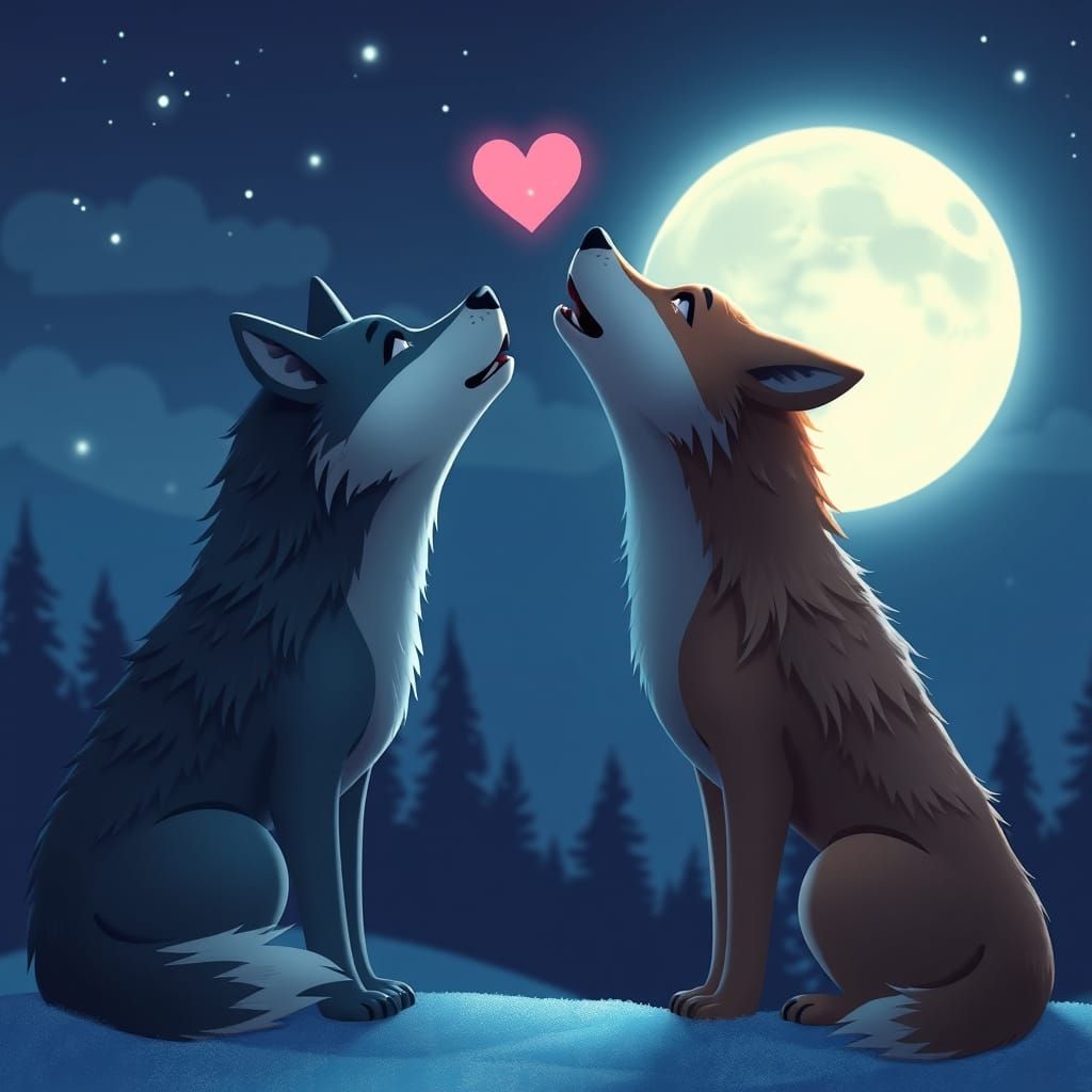 Pixar-Style Wolves Howl at Moon, Forming Heart