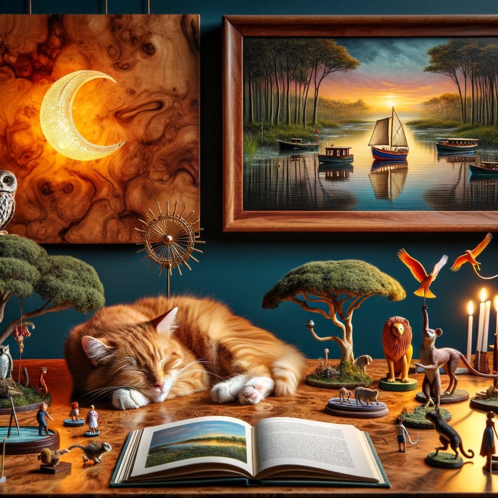 Orange Cat Sleeping with Miniature Figures