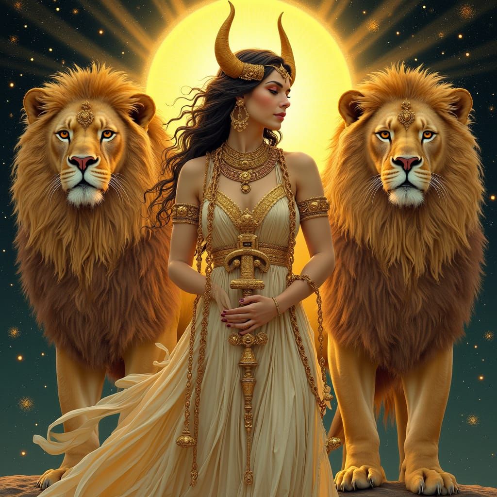 Goddess Inanna with Lions in Art Nouveau Style