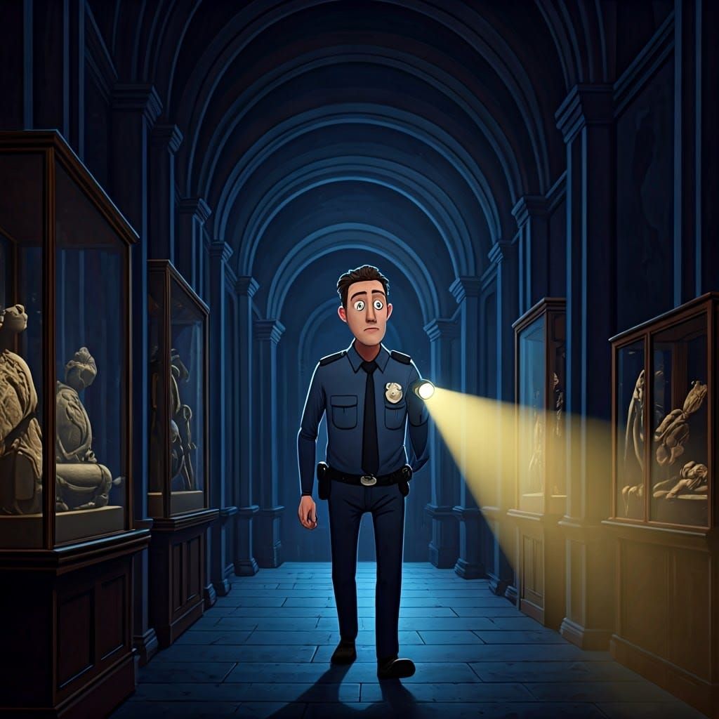 Security Guard in Museum at Night, Dark Whimsy Style