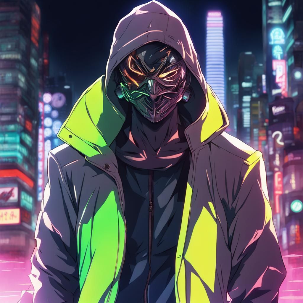 Masked Man in Neon City: Anime-Inspired Portrait