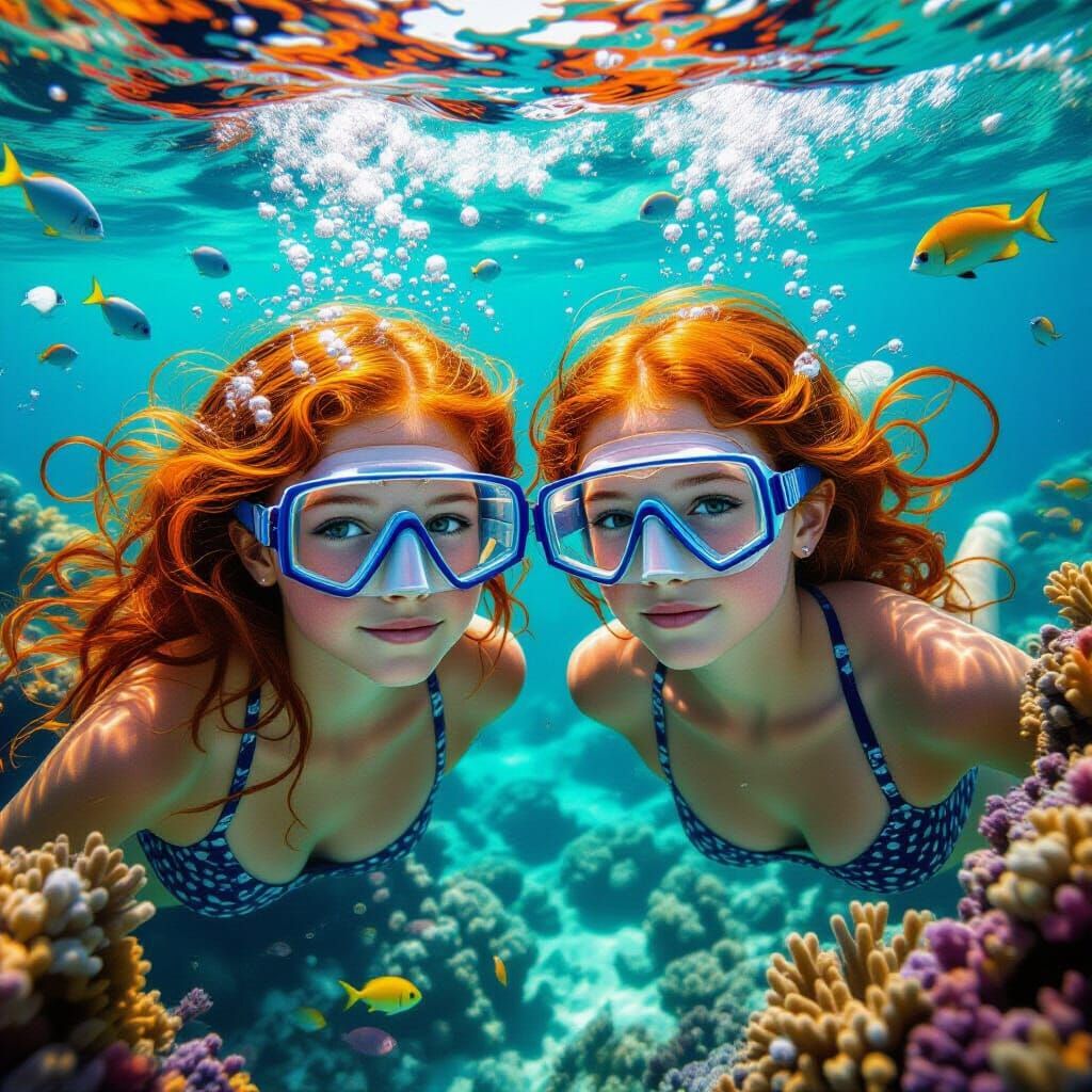 Twin Sisters Snorkeling in Coral Reef, Hyperrealistic Style