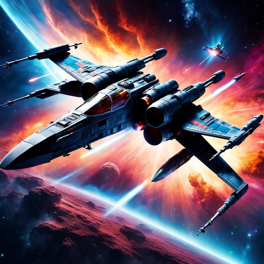 X-Wing Fighter Soaring Through Nebula in Aerograph Style