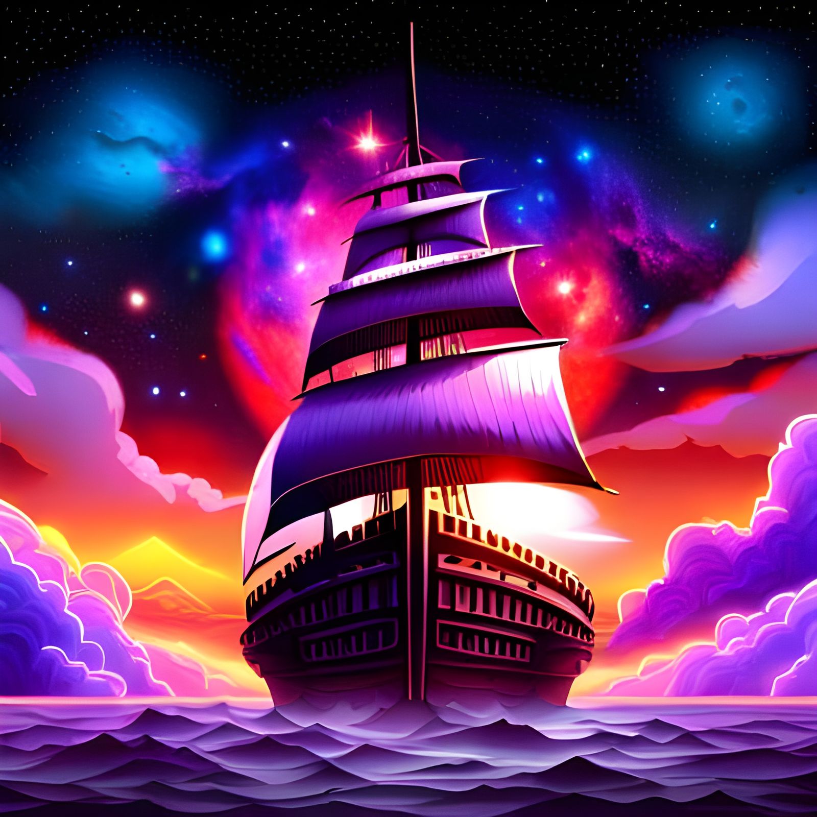 Cosmic Pirate Ship Sailing Through Galaxies