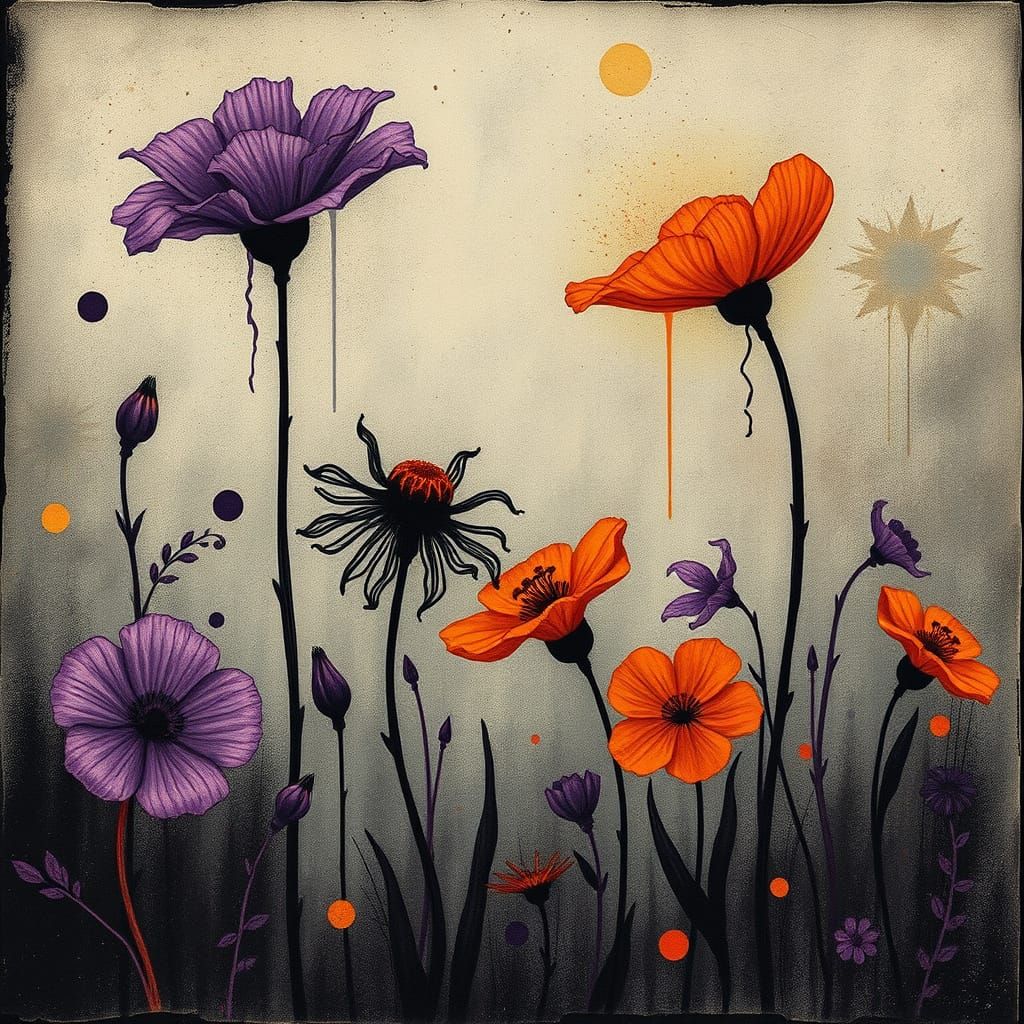 Mystical Botanical Scene in Surreal Etching Style