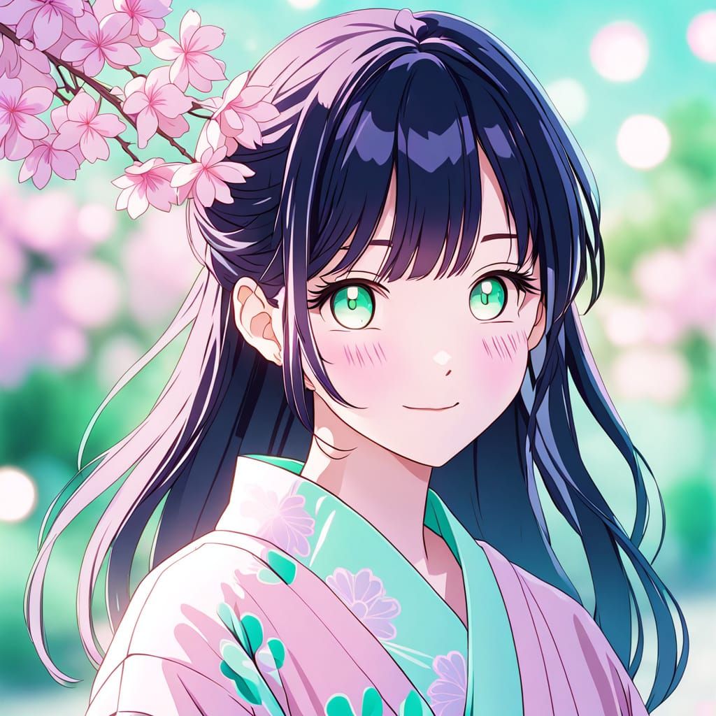 Vibrant Anime Portrait in Pastel Tones with Traditional Yuka...