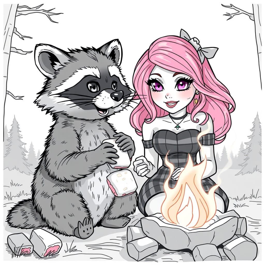 Cute Raccoon and Pink-Haired Woman by Campfire