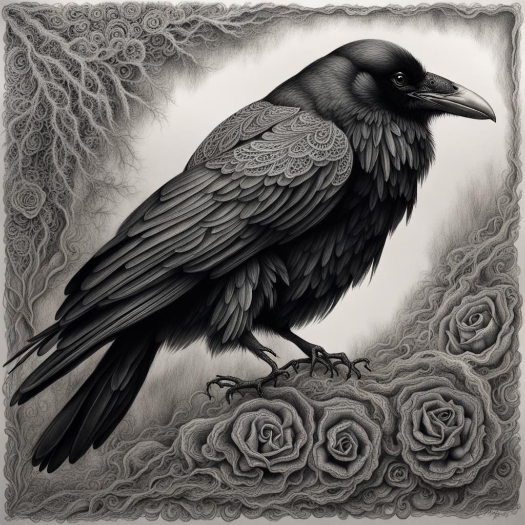 Lace Raven: Detailed Charcoal Drawing