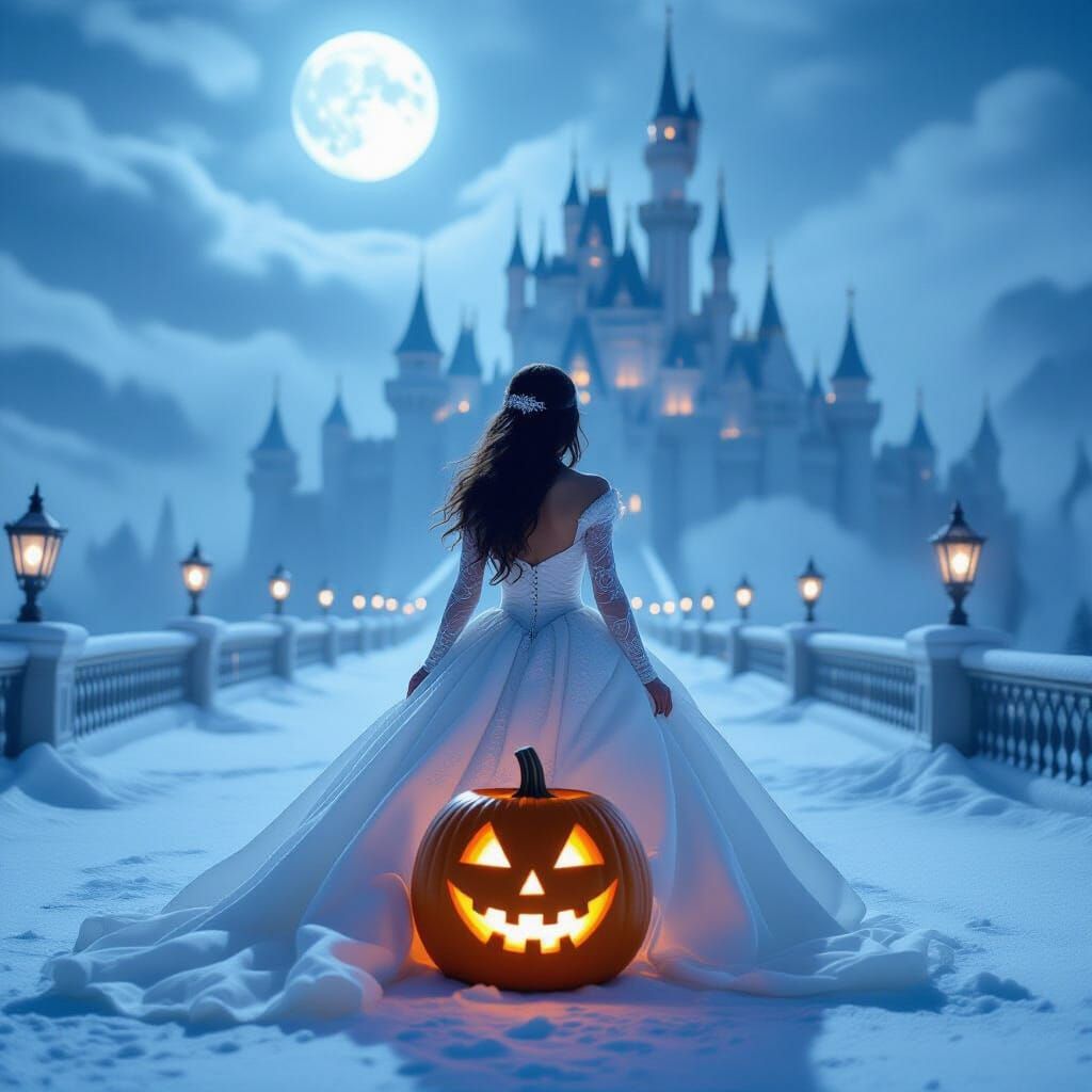 Woman Emerges From Pumpkin Revealing Winter Castle Landscape