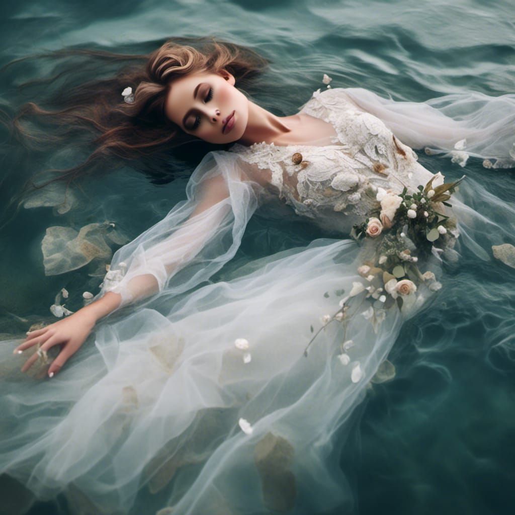 Translucent Woman Floating on Water in Wedding Dress