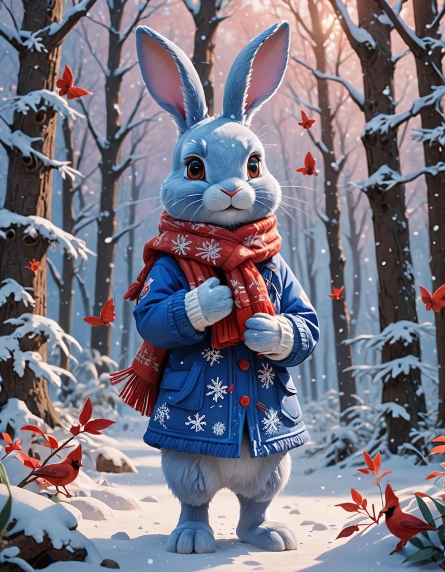 Cute Blue Bunny and Cardinal in Snowy Anime Art
