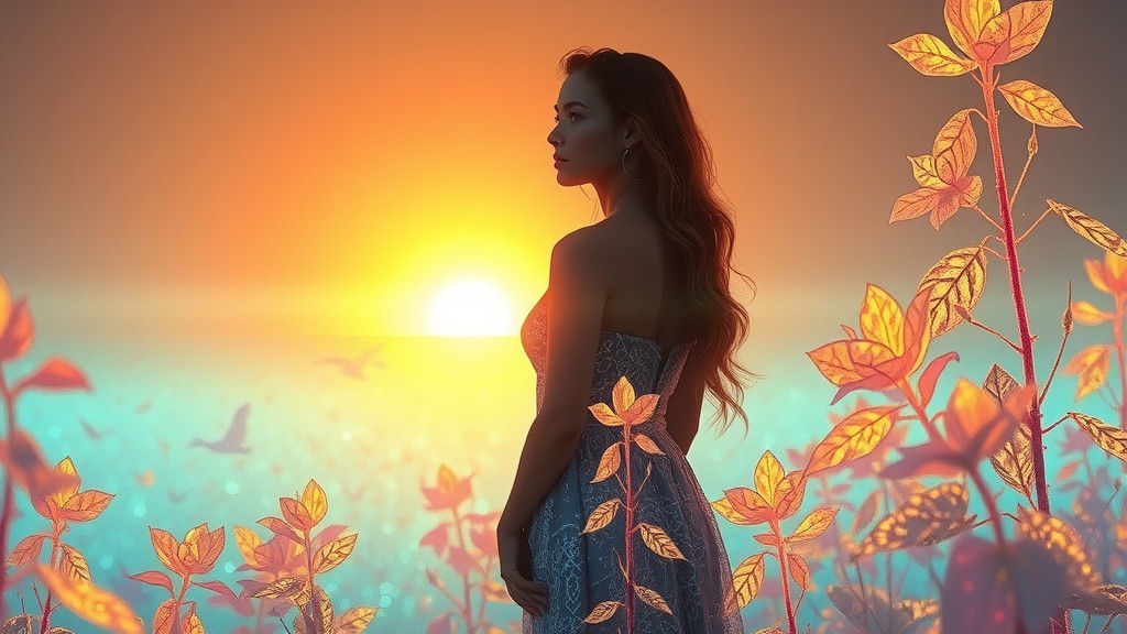 Ethereal Woman at Shimmering Horizon in Dreamy Landscape