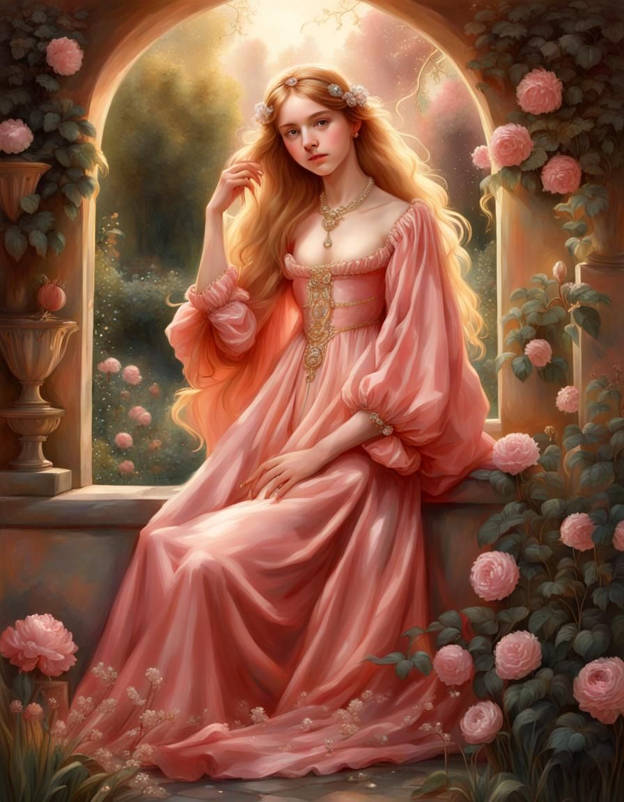 Renaissance Girl with Golden Hair in Garden