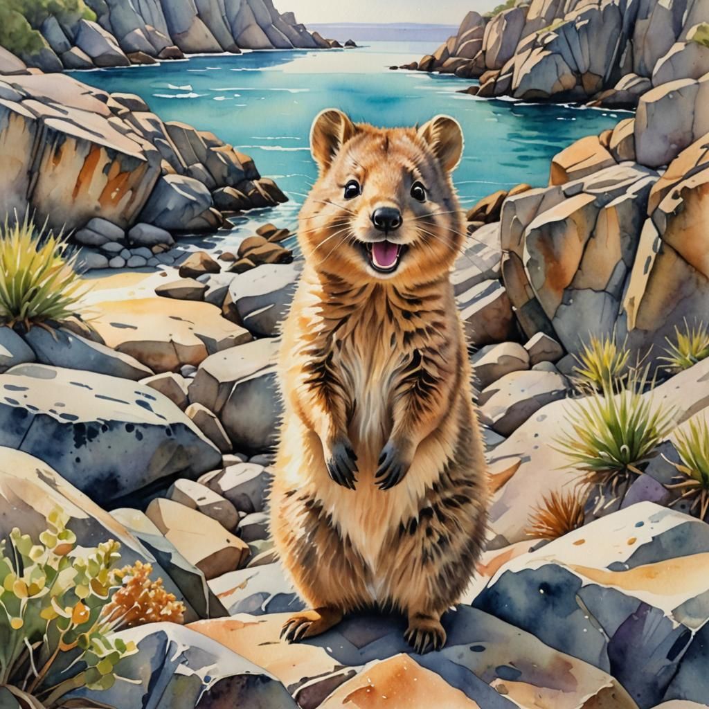 Smiling Quokka in Coastal Landscape, Watercolor Style