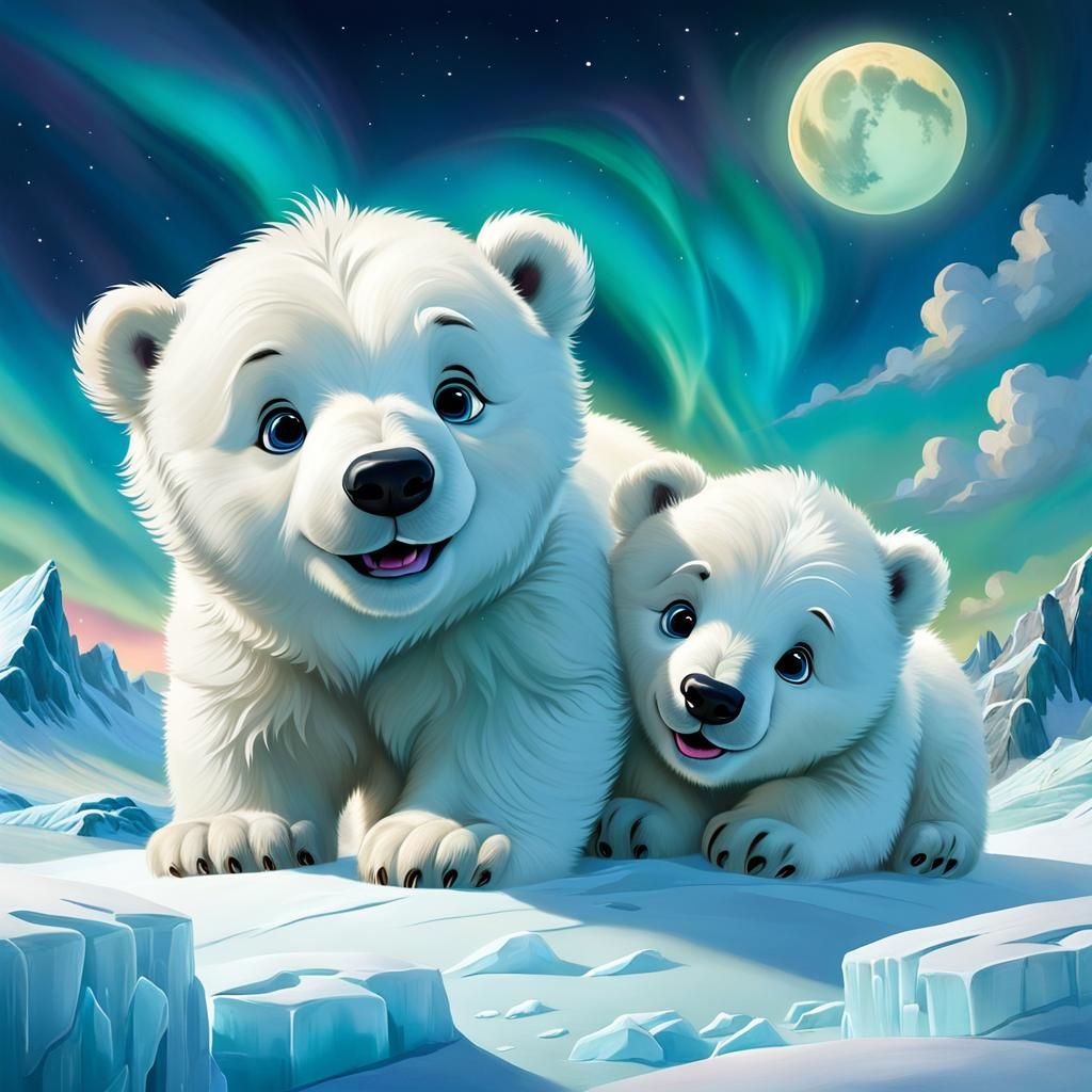 Playful Polar Bear Cubs on Glacier, Disney Pixar Style