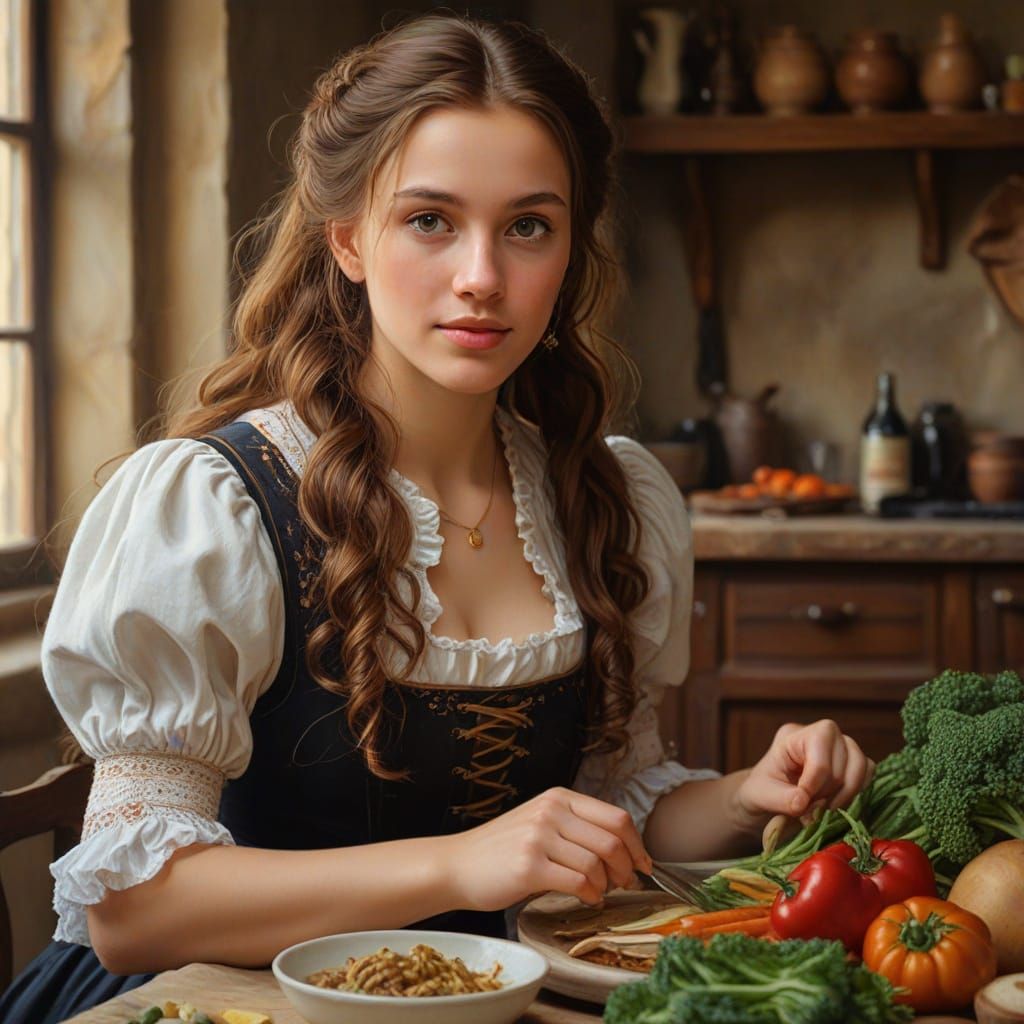 Medieval Woman Preparing Dinner: Oil Painting