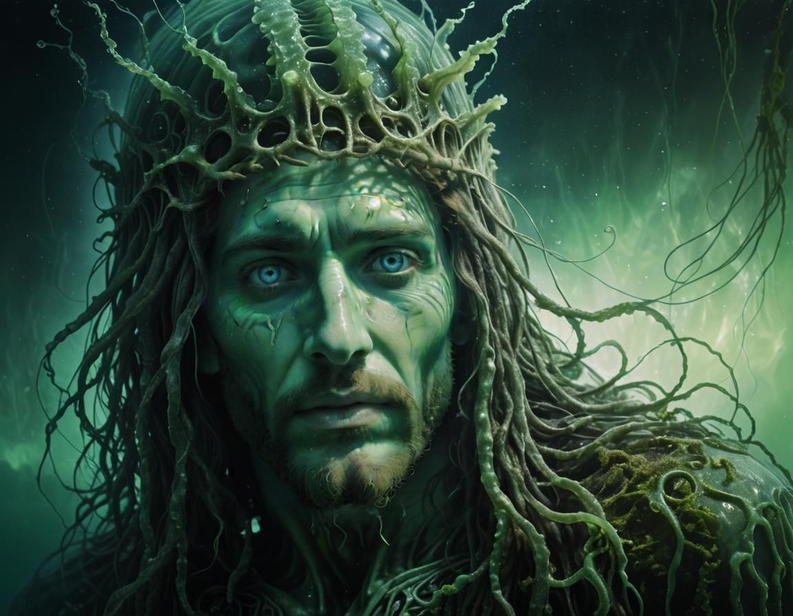 Underwater Christ with Open Green Eyes