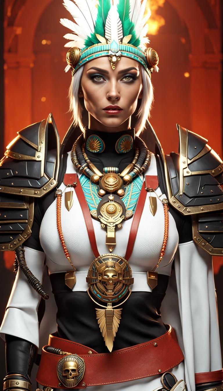 Aztec Warrior Woman in Cyberpunk Servo-Armor