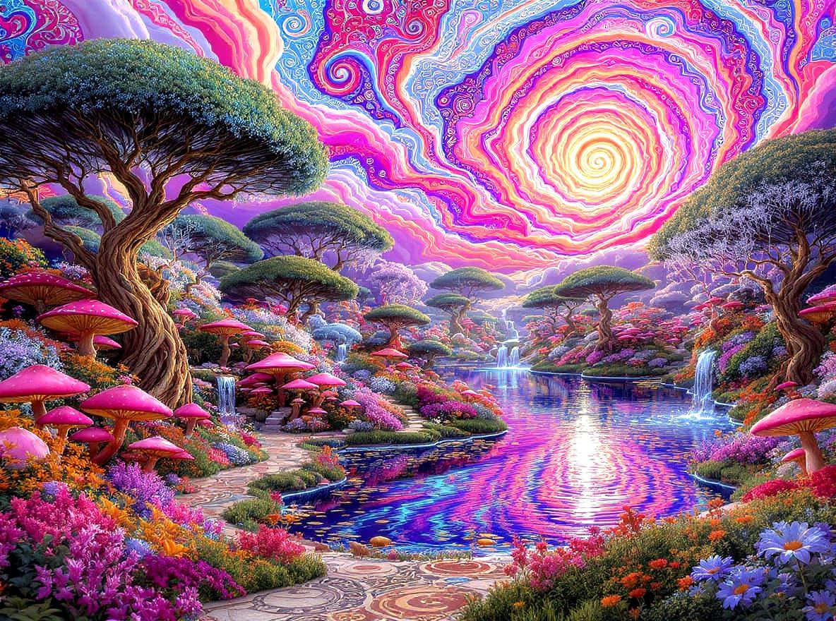 Mushroomcore Garden With Psychedelic Lake and Wildlife
