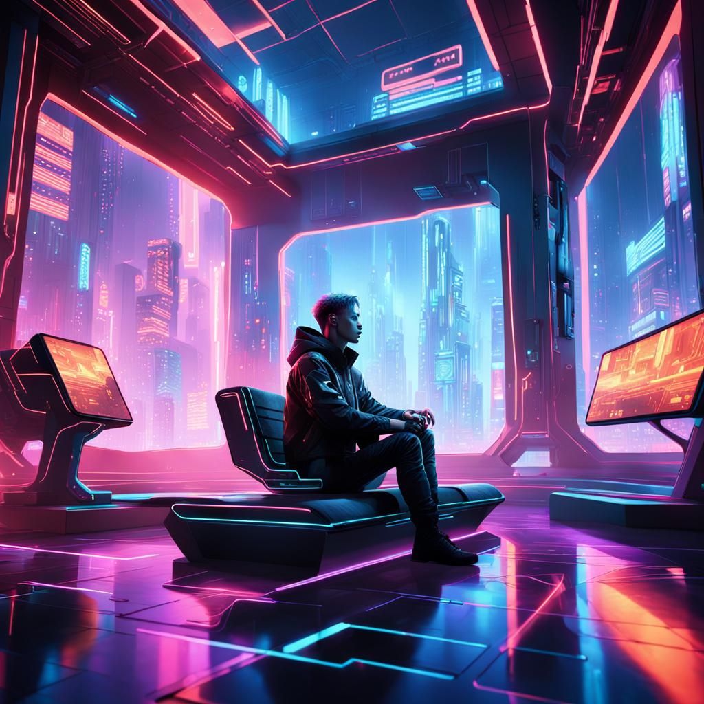 Cyberpunk Room with Neon Cityscape
