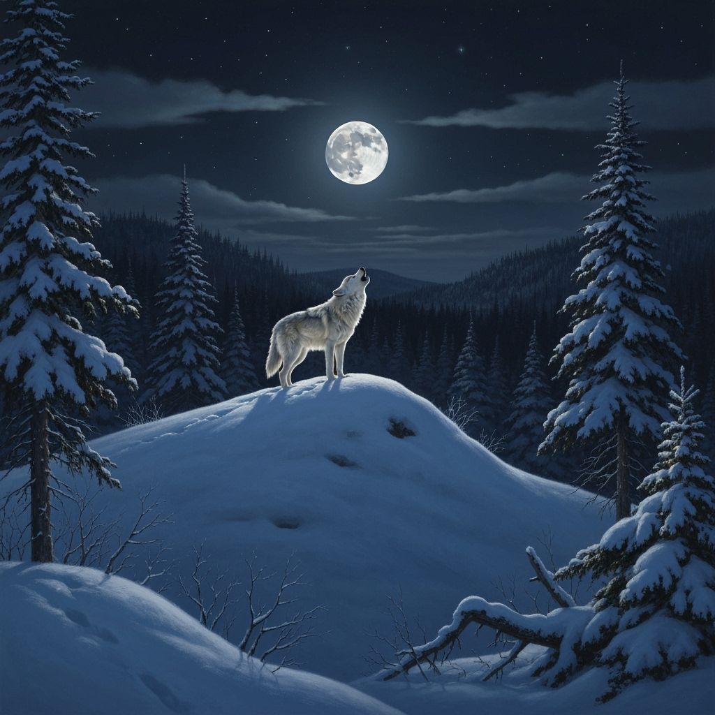 Lone Wolf Howling at Moon in Classical Wildlife Painting