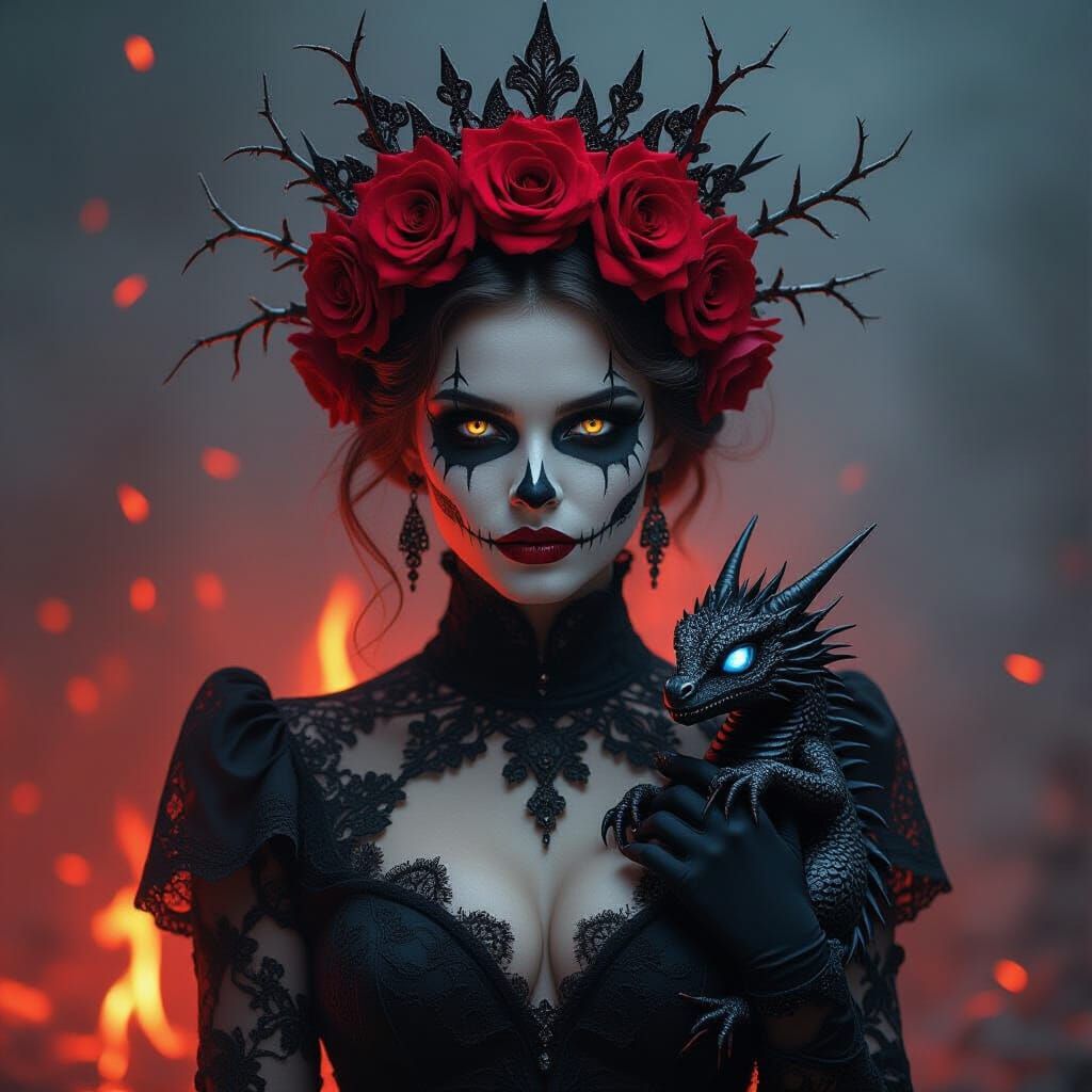 Gothic Woman with Dragon in Dark Fantasy Style