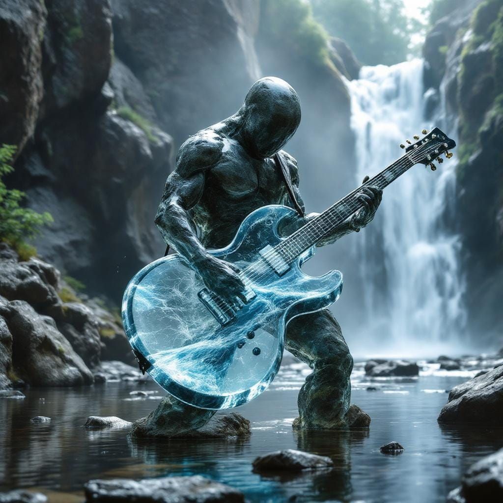 Rock Guitarist with River Guitar and Waterfall