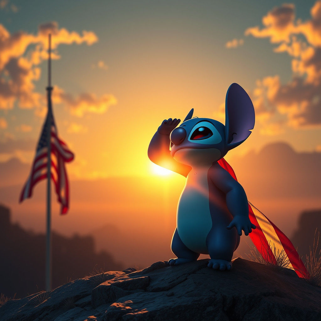 Stitch Saluting American Flag: Fantasy Concept Art
