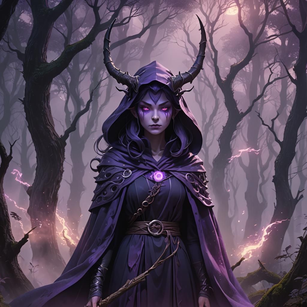 Purple-Robed Witch in Misty Forest: Anime-Inspired 3D Art