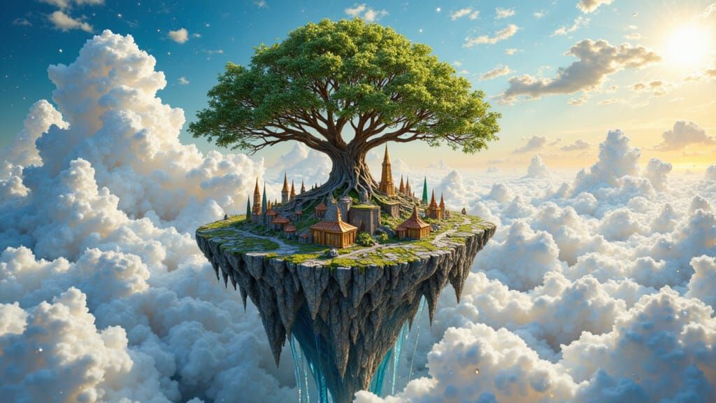 Isometric Floating Island Kingdom in Surreal Sky