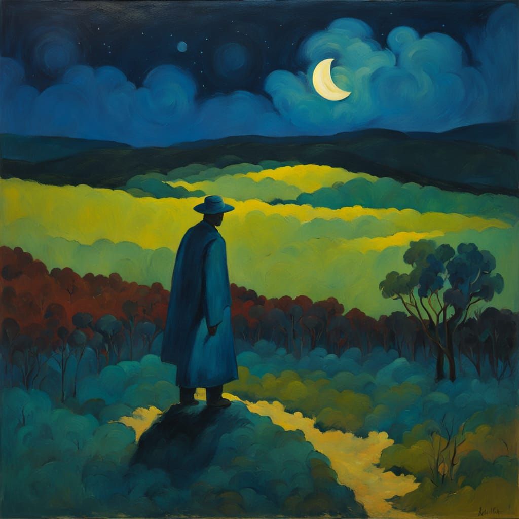 Moonlit Landscape in Gouache with Thick Brushstrokes