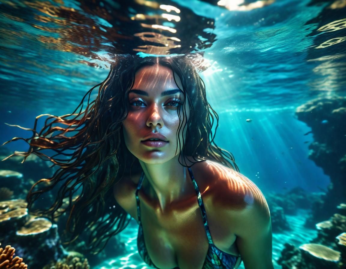 Woman Swimming Underwater in Coral Ocean