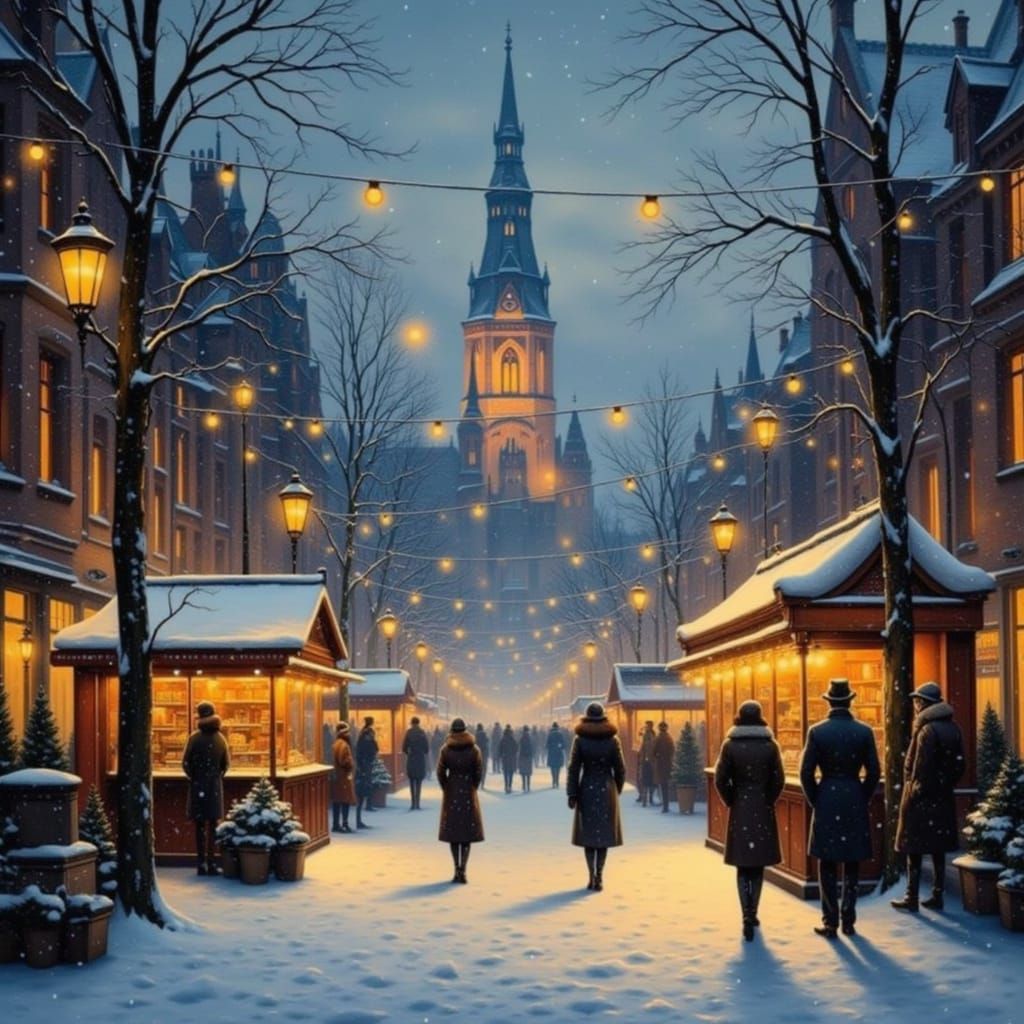 European Christmas Market at Dusk, Painterly Style