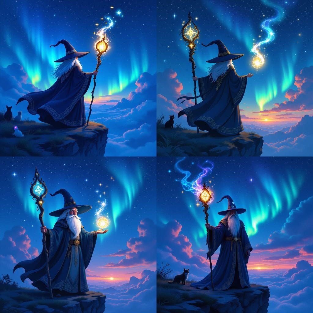 Whimsical Wizard Under Starry Sky in Animated Style