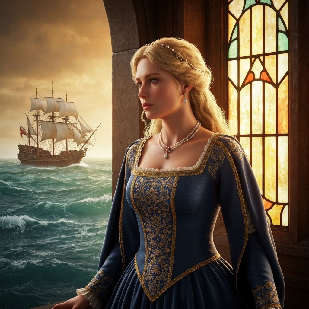 Medieval Woman Watching Ship Sail Away: Pre-Raphaelite Style