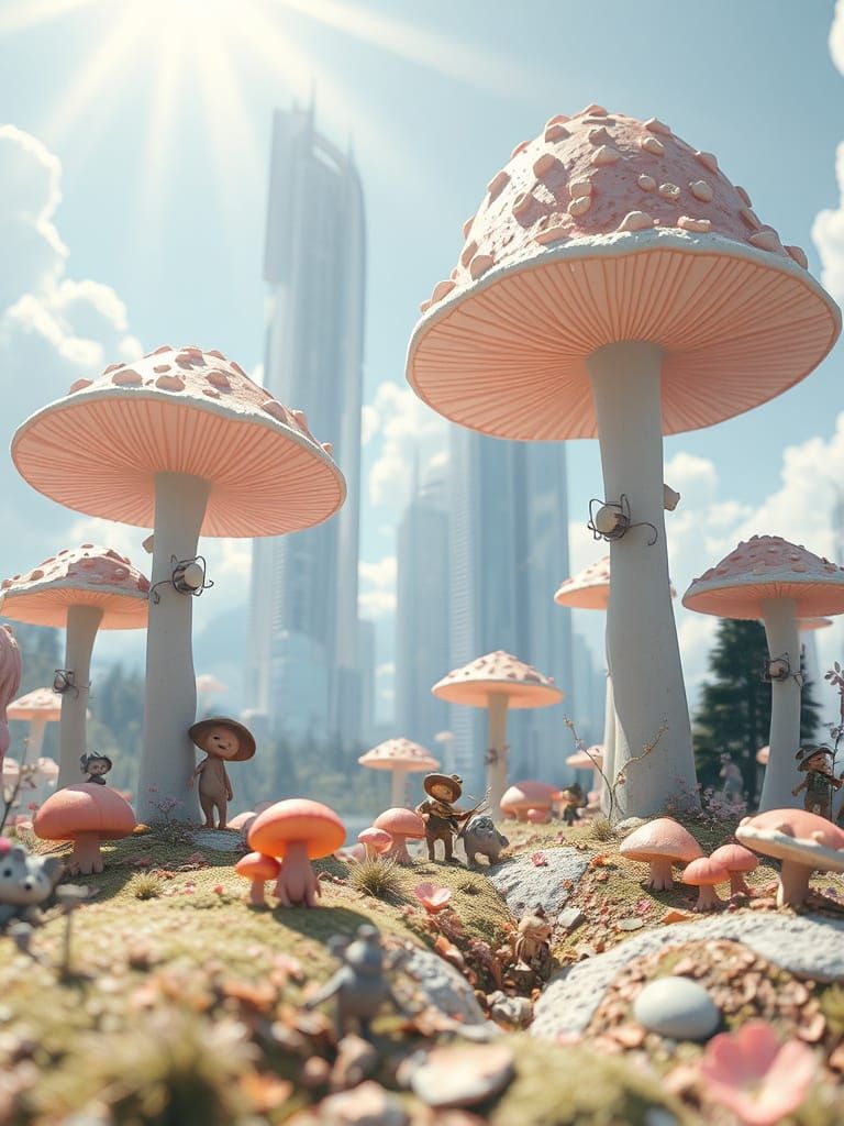 Fantasy World of Enormous Mushrooms in Soft Pastel Hues