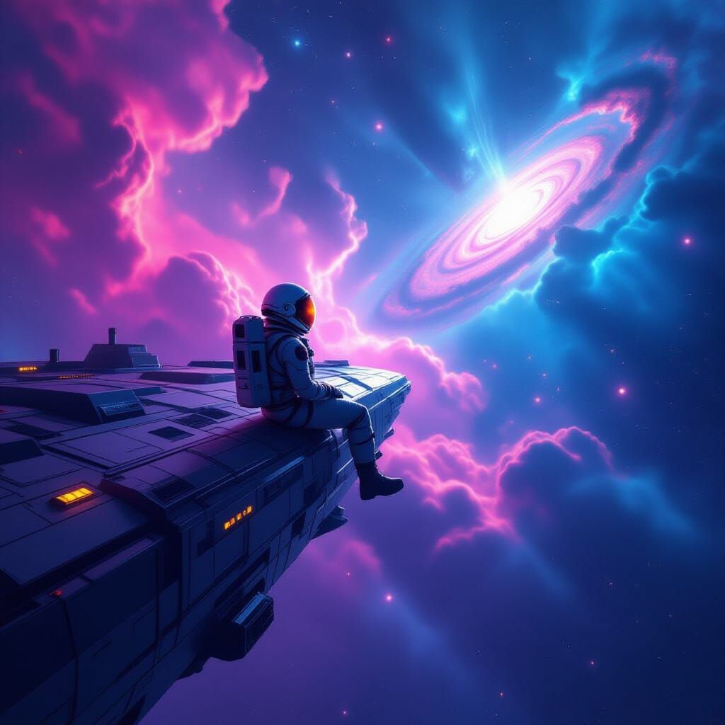 Astronaut Adrift Near Derelict Ship Amidst Cosmic Nebulae