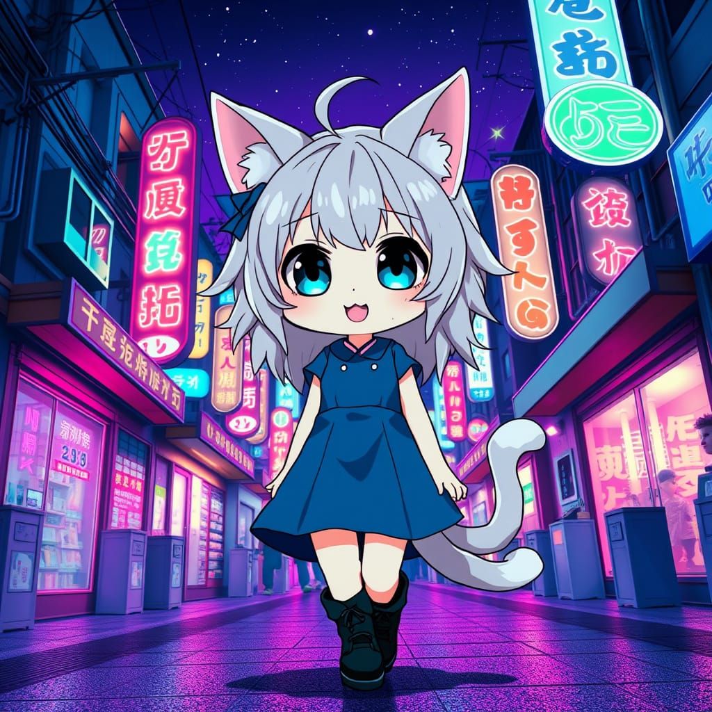 Futuristic Tokyo Catgirl Strolls Under Neon Stars