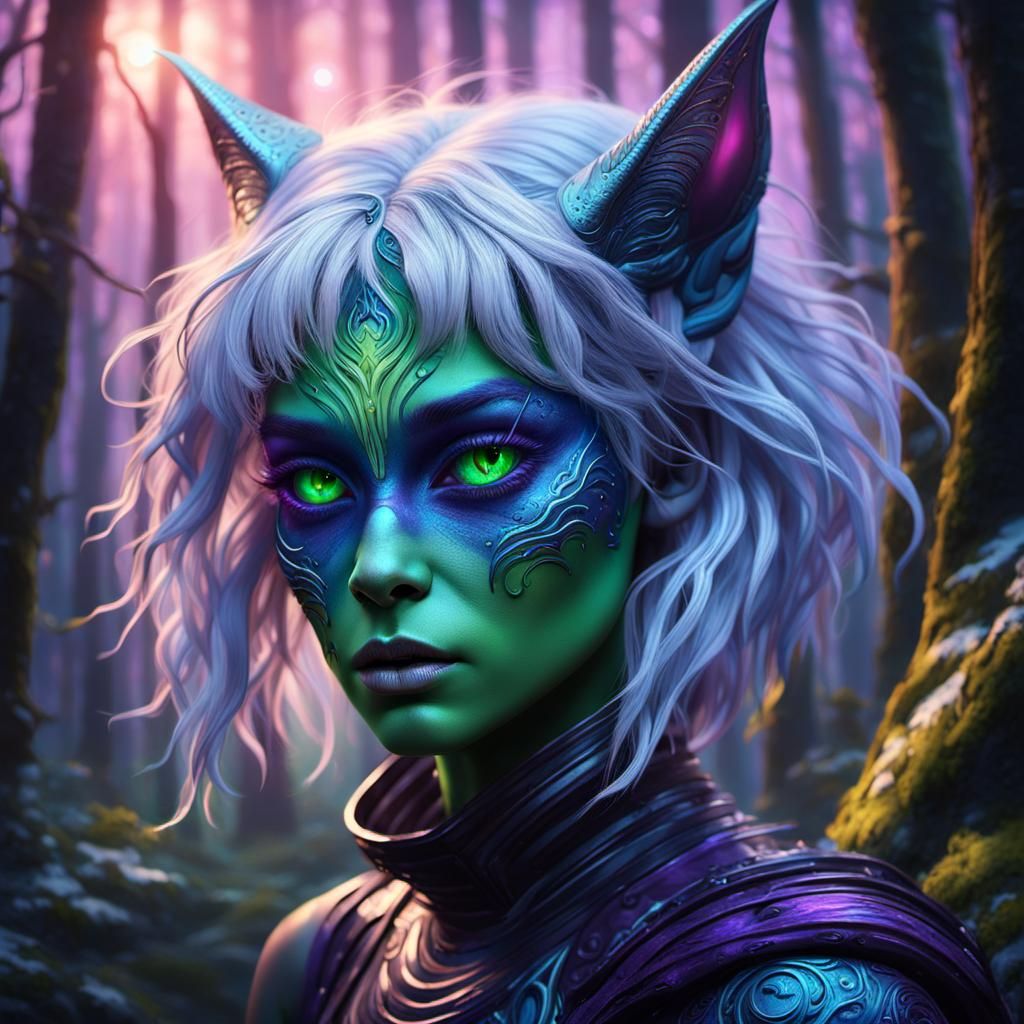 Alien Girl with Silver Hair in Misty Forest