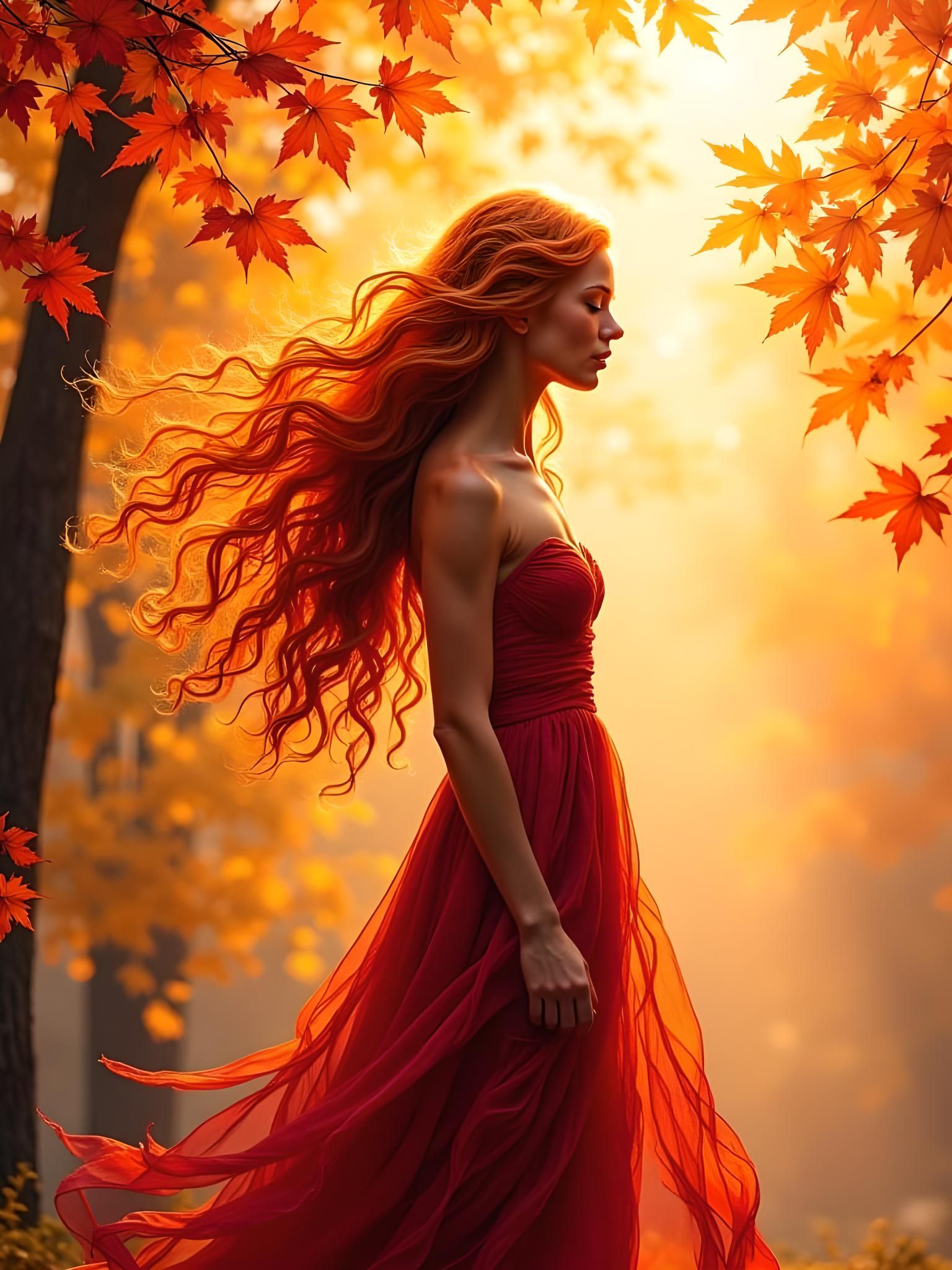 Autumnal Silhouette: Watercolor Portrait with Double Exposur...