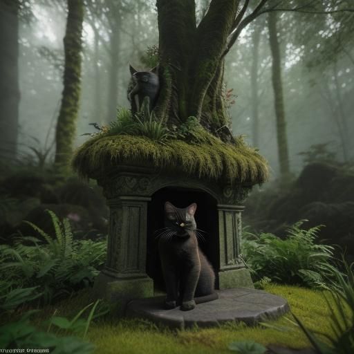Mottled Cat on Pedestal in Mystical Forest