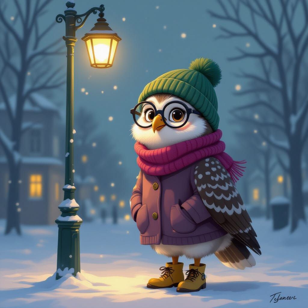 Shivering Owl in Winter Gear at Bus Stop