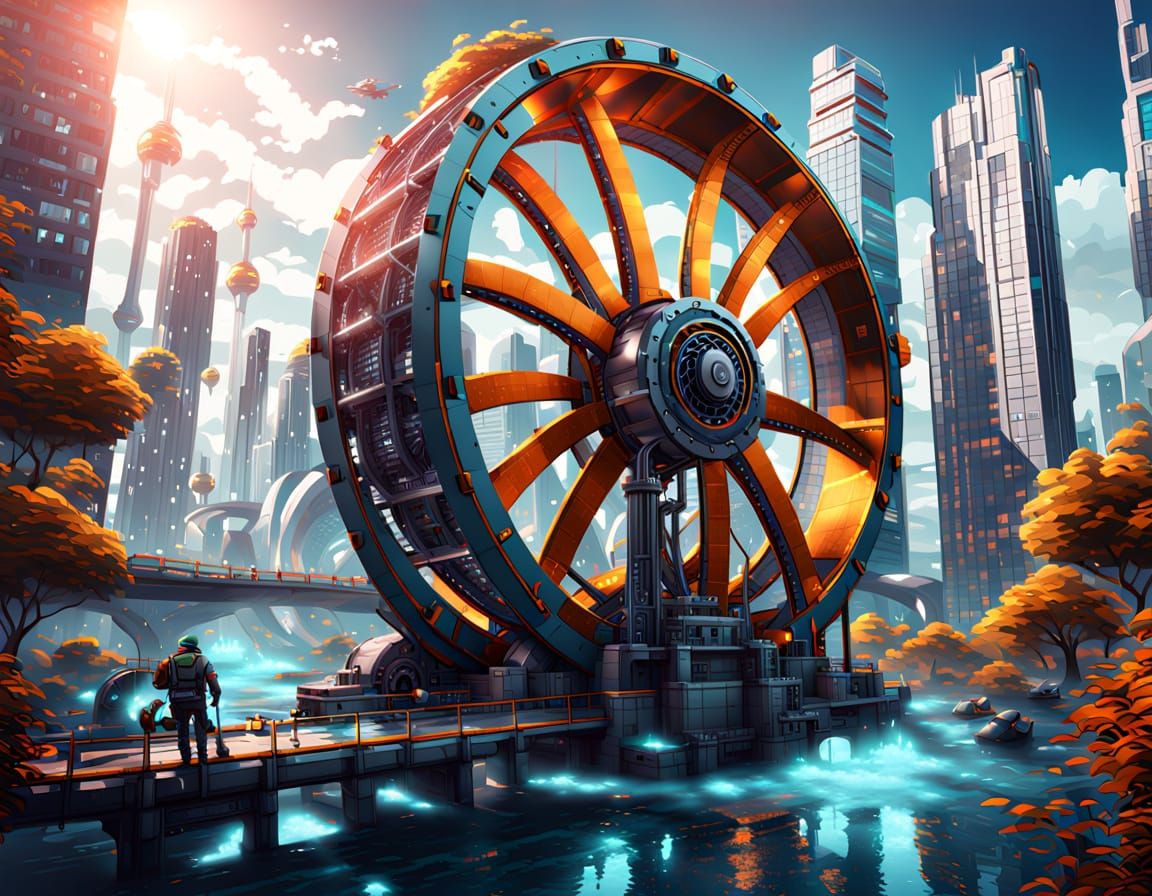 Cyberpunk Waterwheel Generates Energy in Futuristic Cityscap...