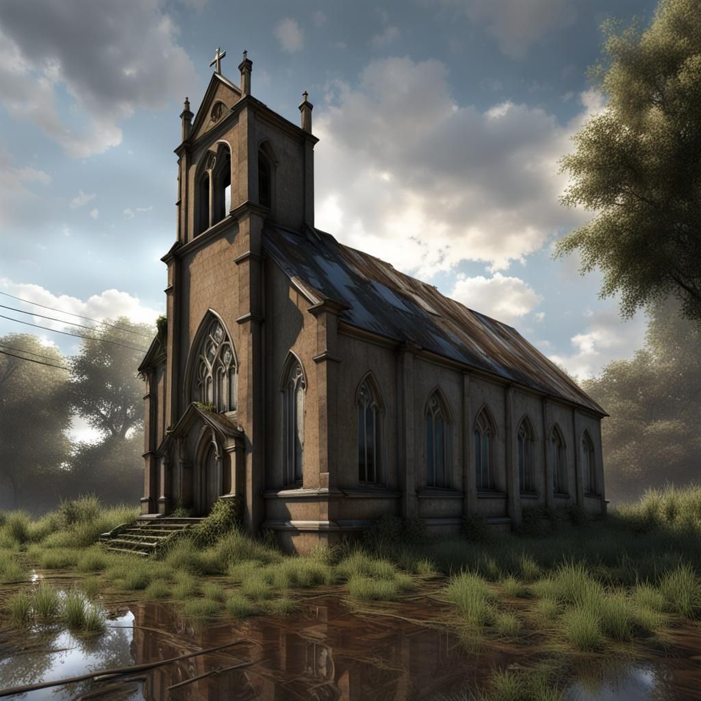 Abandoned Church Exterior in Photorealistic Style